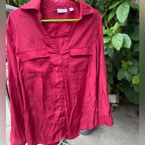 New york & company burgundy long sleeve button up blouse